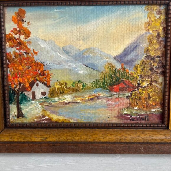 Vintage Landscape Painting In Wood Frame 8.5x6.5 Inches Autumn Mountain Scene Si - Picture 3 of 6